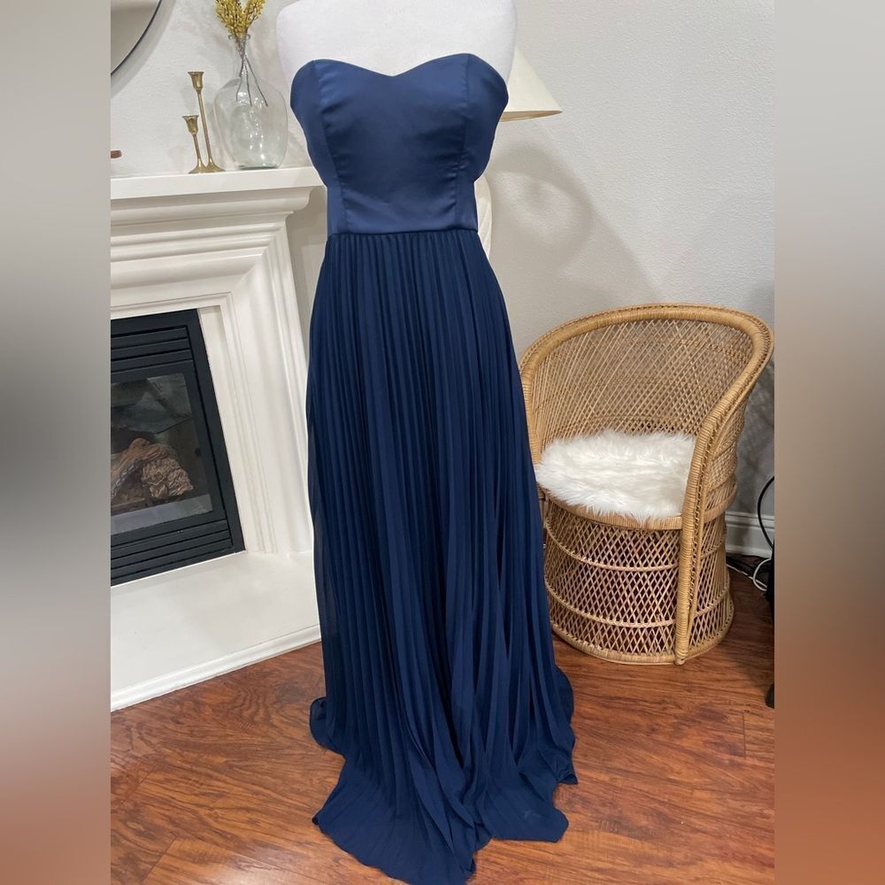 Blue pleated maxi dress gown bridesmaid dress
